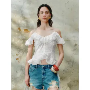 URBAN REVIVO Women's 2026 Spring Basic Cute Lady Off-Shoulder Ruffled Cotton Blouse - Fitted Short-Sleeve Stretch Fabric Shirts, Comfortable Womenswear Top
