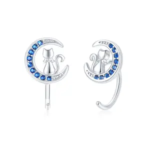 Cat Earrings Crescent Moon Cat Earrings S925 Sterling Silver Hypoallergenic Cat Hoop Earrings Animal Earrings Cat Jewelry