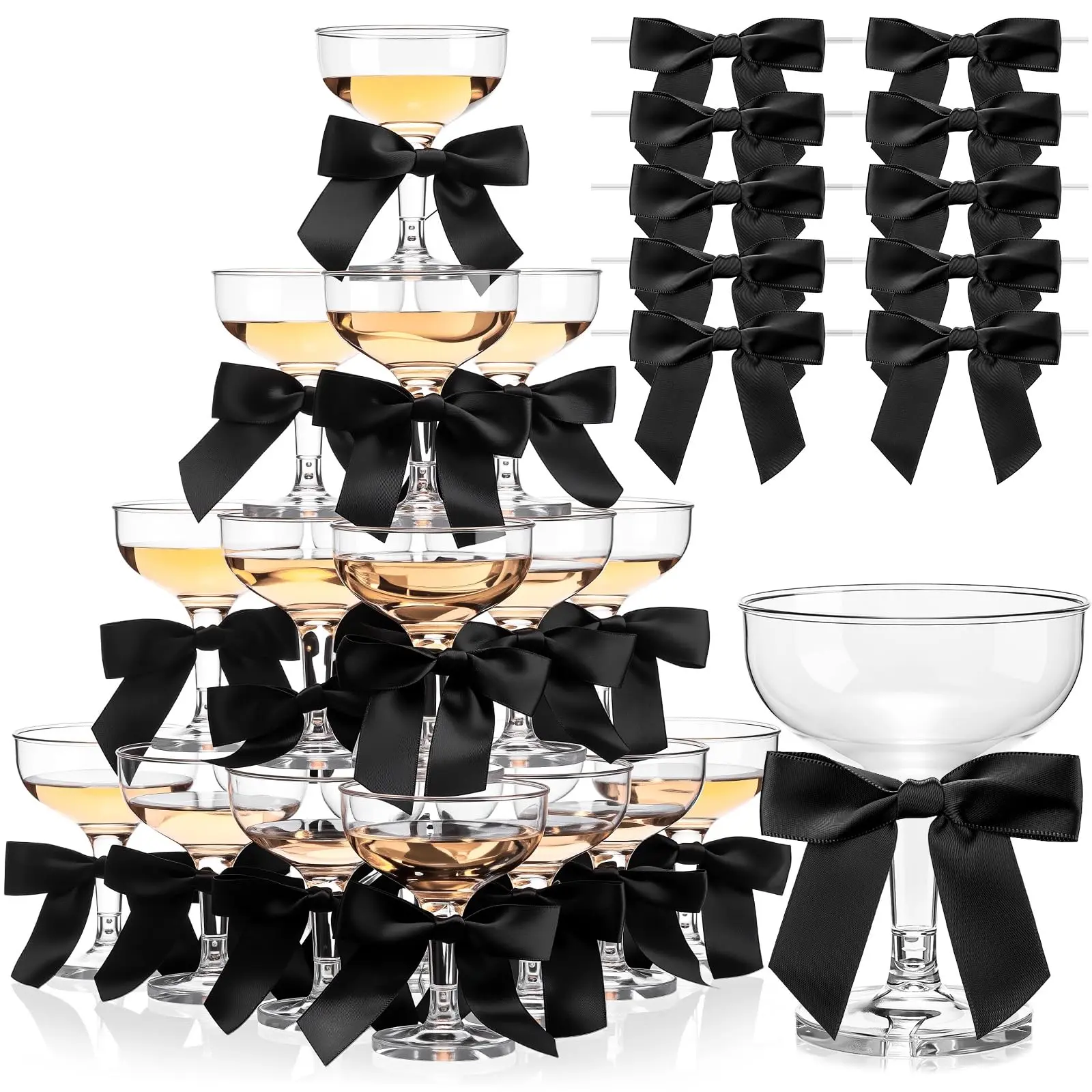 50 Set Champagne Coupe Cocktail Glasses 5 Oz With Satin Ribbon Black Bow 3.5 Inch Plastic Margarita Martini For Birthday Bachelorette Party Gift Wedding Tower