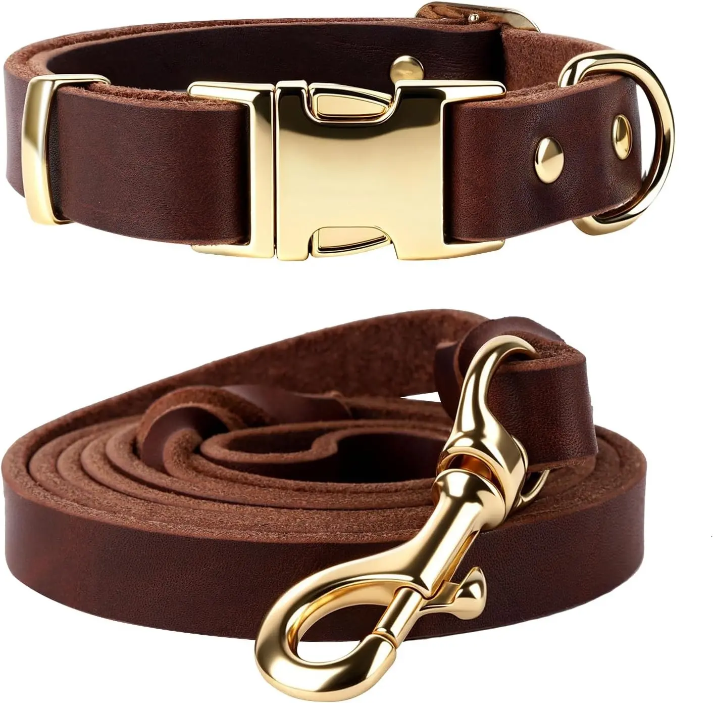 Leather Dog Collar and Leash Set, 6FT Heavy Duty Leather Training Leash with Adjustable Dog Collar, Soft and Durable Dogs Leashes and Collars Set for Small Medium Large Dogs (Brown, M)
