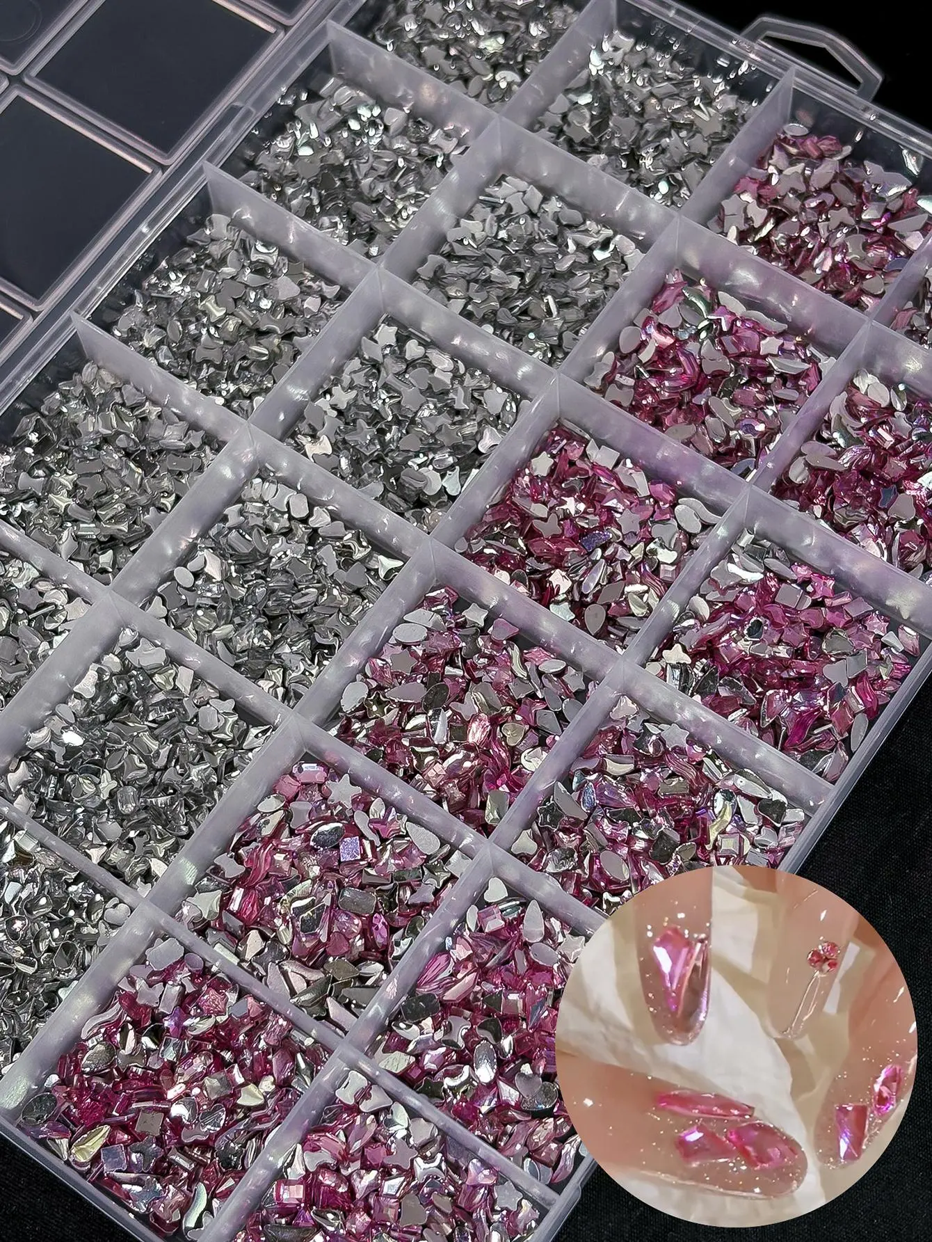 24Grid Boxed Colorful Glitter Diamonds Nail Rhinestone Flat Bottomed Special-Shaped Diamond Nail Crystal Iridescent Nail Diamond