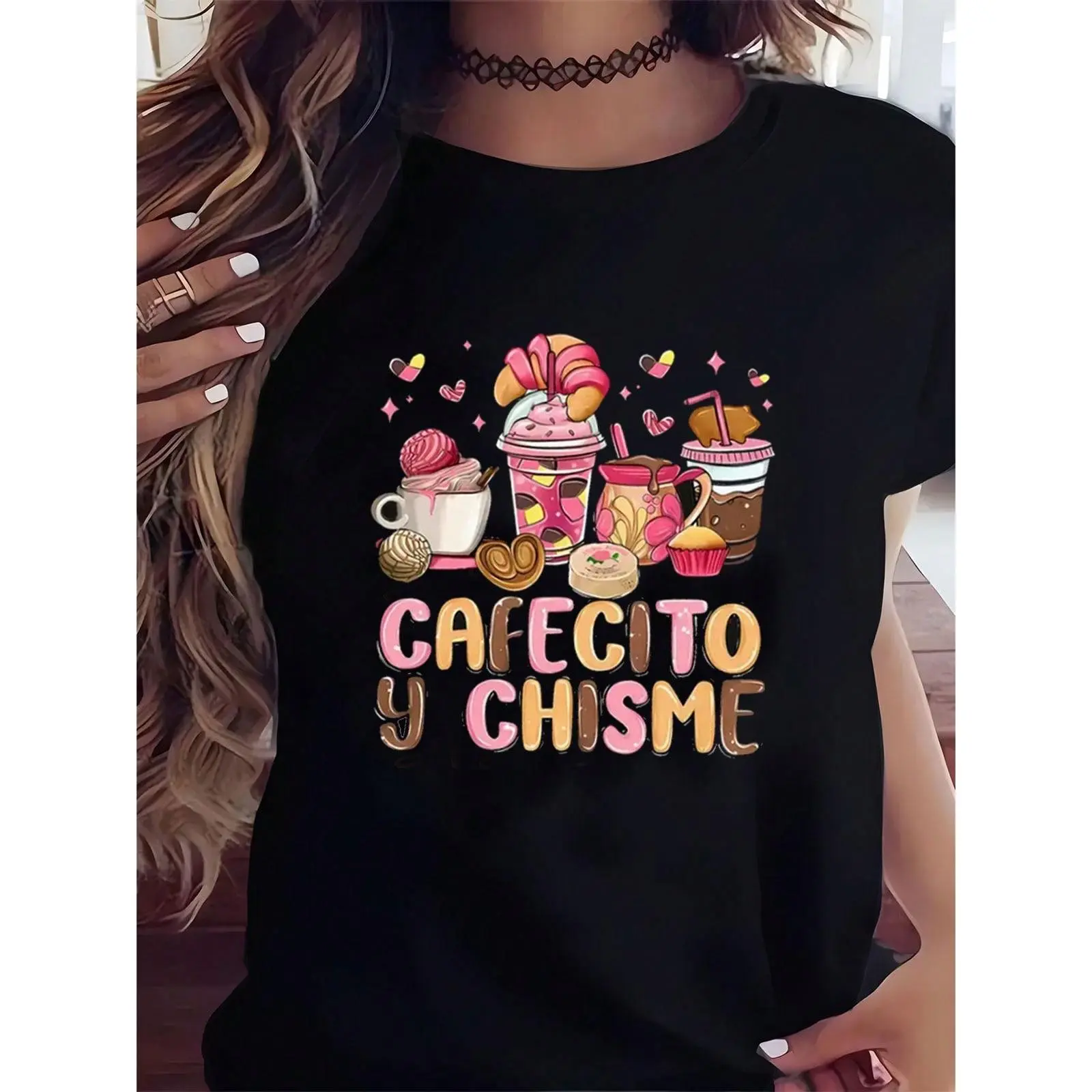 Women's Funny Cafecito Y Chisme Dessert Graphic T-Shirt Cotton Soft Stylish Casual Short Sleeve Crew Neck Top