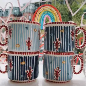 Lobster Mugs - Vibrant Striped Design with Lobster Motif - Perfect for Coffee Lovers - Set of 4