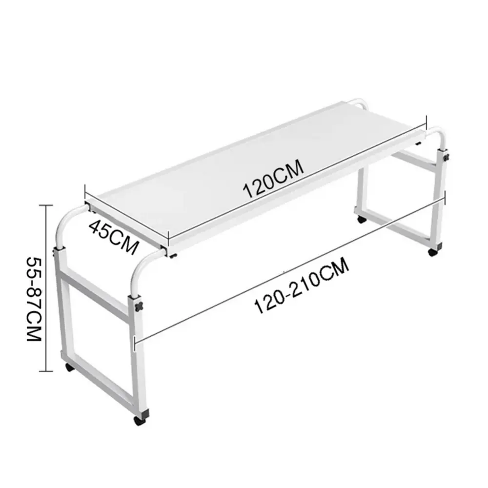 White Multi-Function Overbed Desk with Steel Frame, 4 Lockable Wheels, Curved Edge – Height-Adjustable Mobile Rolling Multi-Position Desk for Home Office, Hospital, Adjustable Multi-Function Desks, Height Adjustable Desks