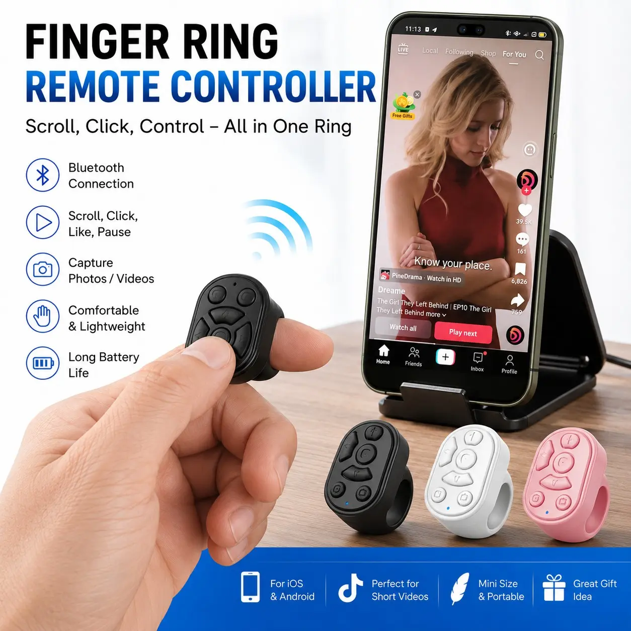 Bluetooth Smart Ring Remote Controller - Portable Camera Accessories, Smartphone Shutter Clicker, Hands-Free TikTok Youtube Facebook Scroller, Ebook Page Turner, Selfie Photography Supplies, Compatible with iPhone Android Phone Tablet,