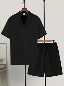 Men's All-Black Lightweight Outdoor 2-Piece Set, Matching Set - Short-Sleeve Button-Up Shirt (Chest Pocket) + Drawstring Shorts (Side Pockets), Breathable Quick-Dry Fabric, Loose Fit, Wrinkle-Resistant & Easy-Care, Ideal for Summer Park Strolls