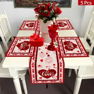 2D flat printing, 1 piece/4 piece/6 piece/5 piece set/7 piece set Valentine's Day love table flag and placemat set, Kitchen Decorative Placemat, holiday farmhouse style, suitable for home kitchen, restaurant interior decoration