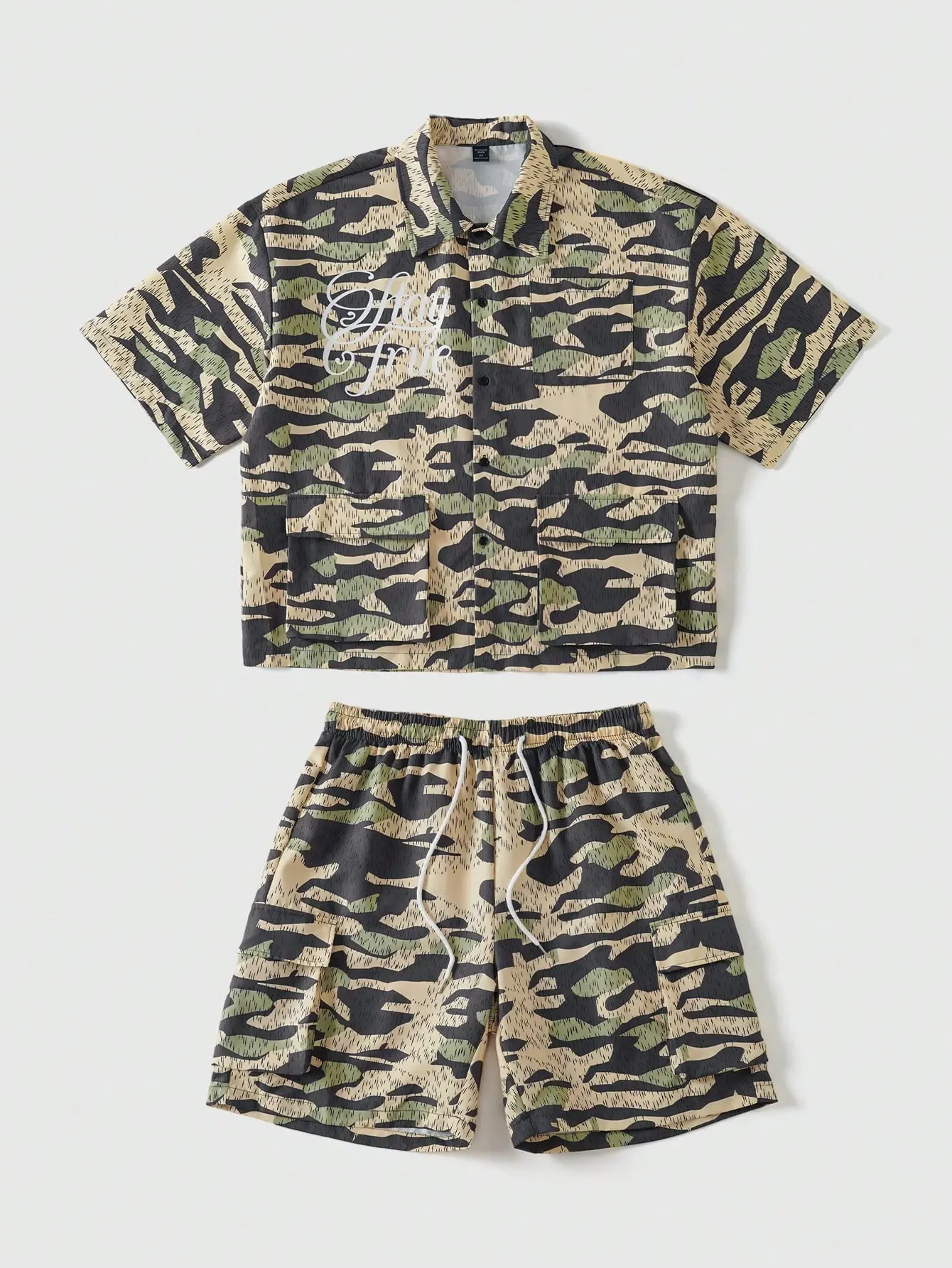 LALUZ Men's Camouflage Short Sleeve Utility Pocket Casual Shirt And Shorts Set Cargo Style Camo Print 2 Piece Co-ord Vacation Outfit