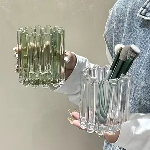Niche Instagram-worthy Makeup Brush Holder, Eyebrow Pencil Holder, Wavy Striped Decorative Glass Ornament, Desktop Storage Container.