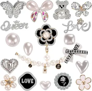 20PCS Decorative Charms for Bags & Shoes, Mixed Sparkly Rhinestone and Faux Pearl Styles, Clip-On Accessories for Hole-Style Footwear & Handbags