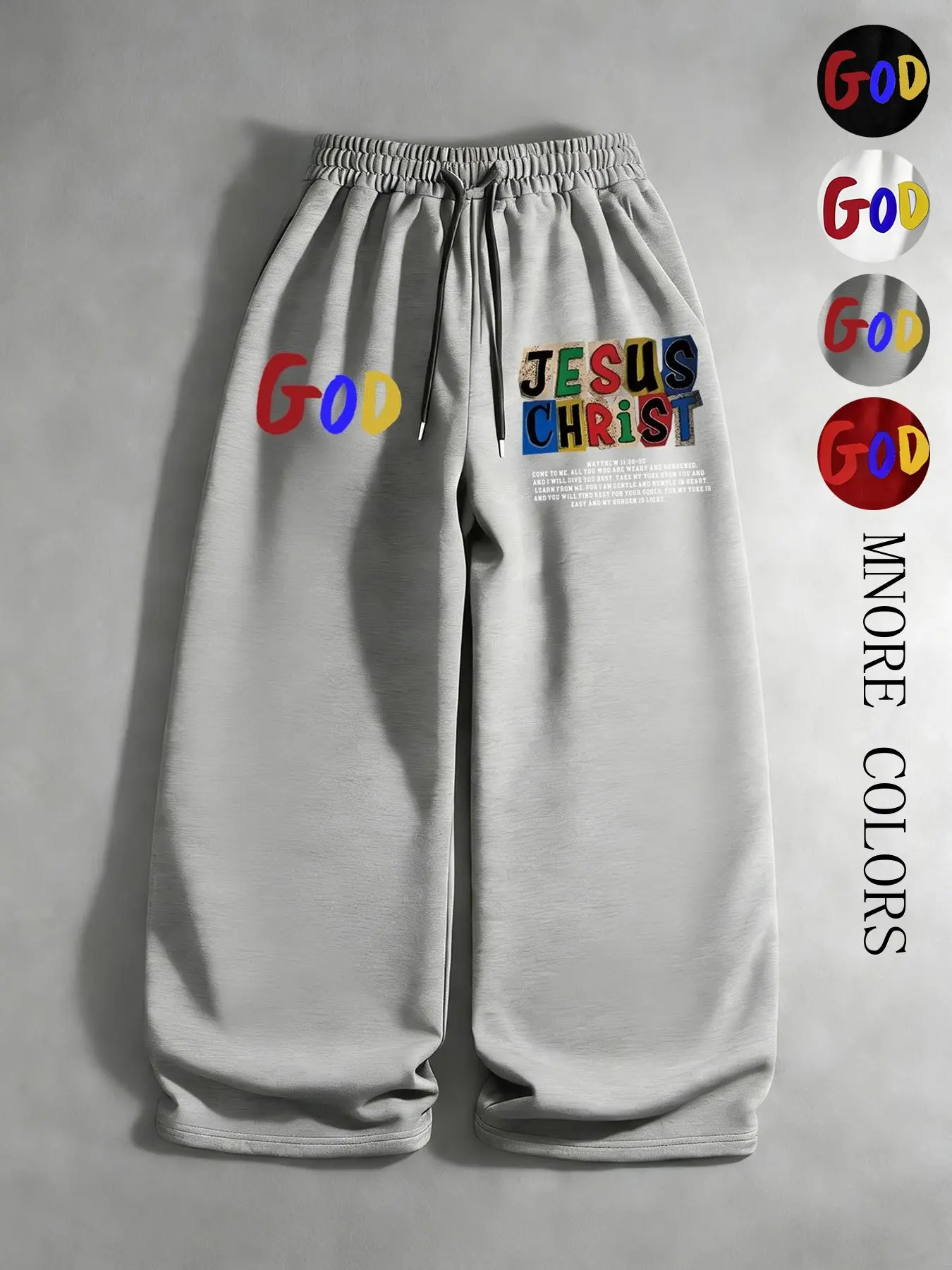 Men's, women's, Unisex styles in the Y2K style Menswear. God/Jesus multi-color letter print, trendy, thin, straight-leg Trouser pants, suitable for streetwear, religious culture, street style outfits, Y2K fashion, everyday wear, men's gifts