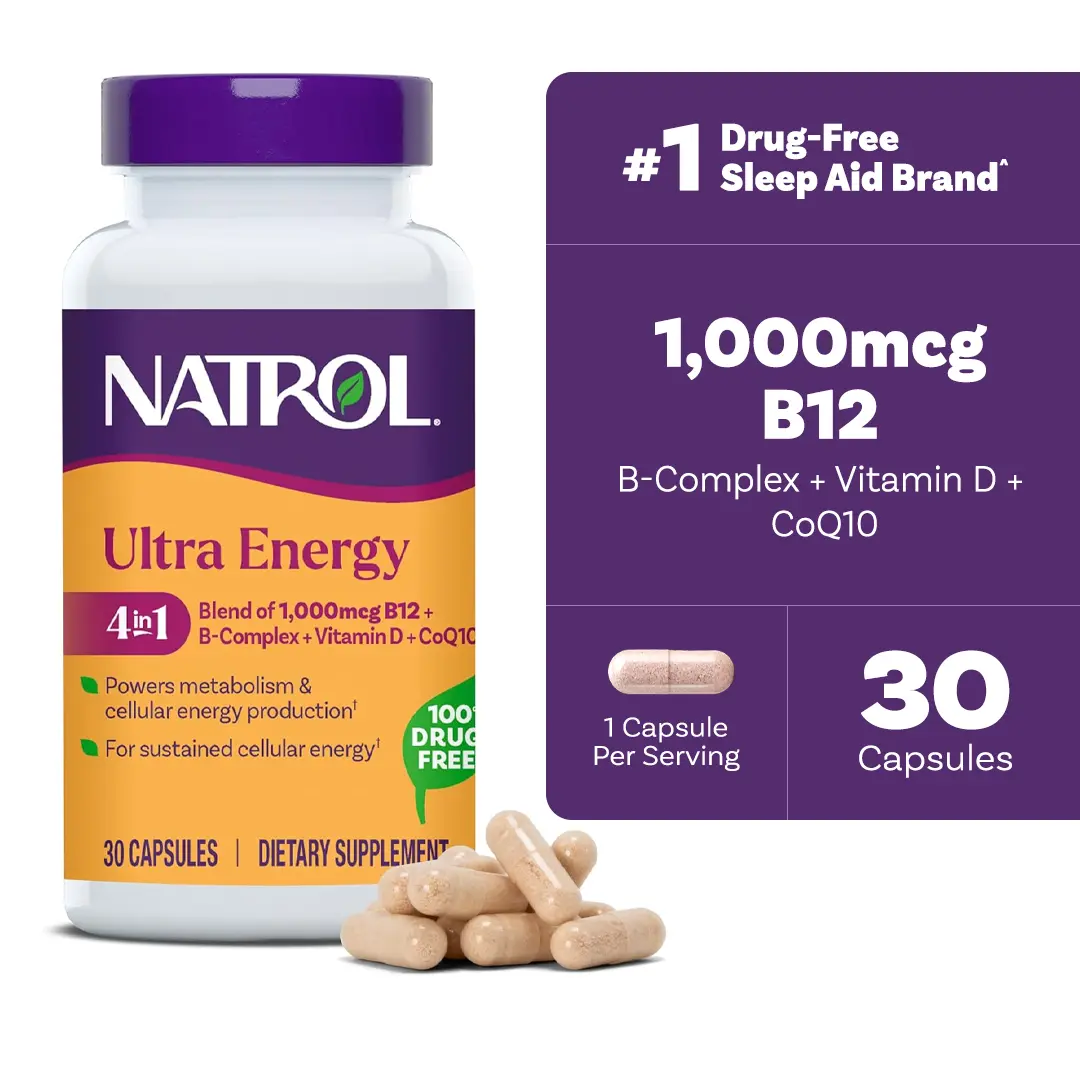 Natrol Ultra Energy 4-in-1, B12, B Complex, Vitamin D, CoQ10, 30 Capsules | Supports Cellular Energy Production, Powers Metabolism, Vitamin B Complex, Vegetarian, Caffeine-Free
