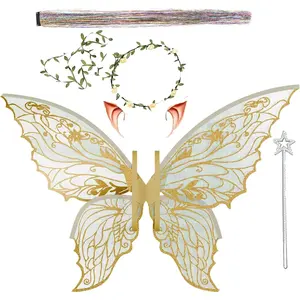 Fairy Wings for Adults and Girls，Fairy Costume Set with Floral Garland, Fairy Hair Tinsel, Wand & Elf Ears – 29"x21" Organza Butterfly Wings – Ideal for Cosplay, Party