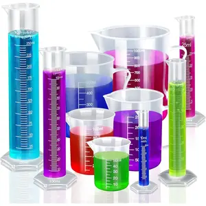 Graduated Cylinder Plastic Beaker, 5 count Plastic Graduated Cylinder 10ml 25ml 50ml 100ml 250ml and 5 count Plastic Beakers 50ml 100ml 250ml 500ml1000ml Clear 10 count
