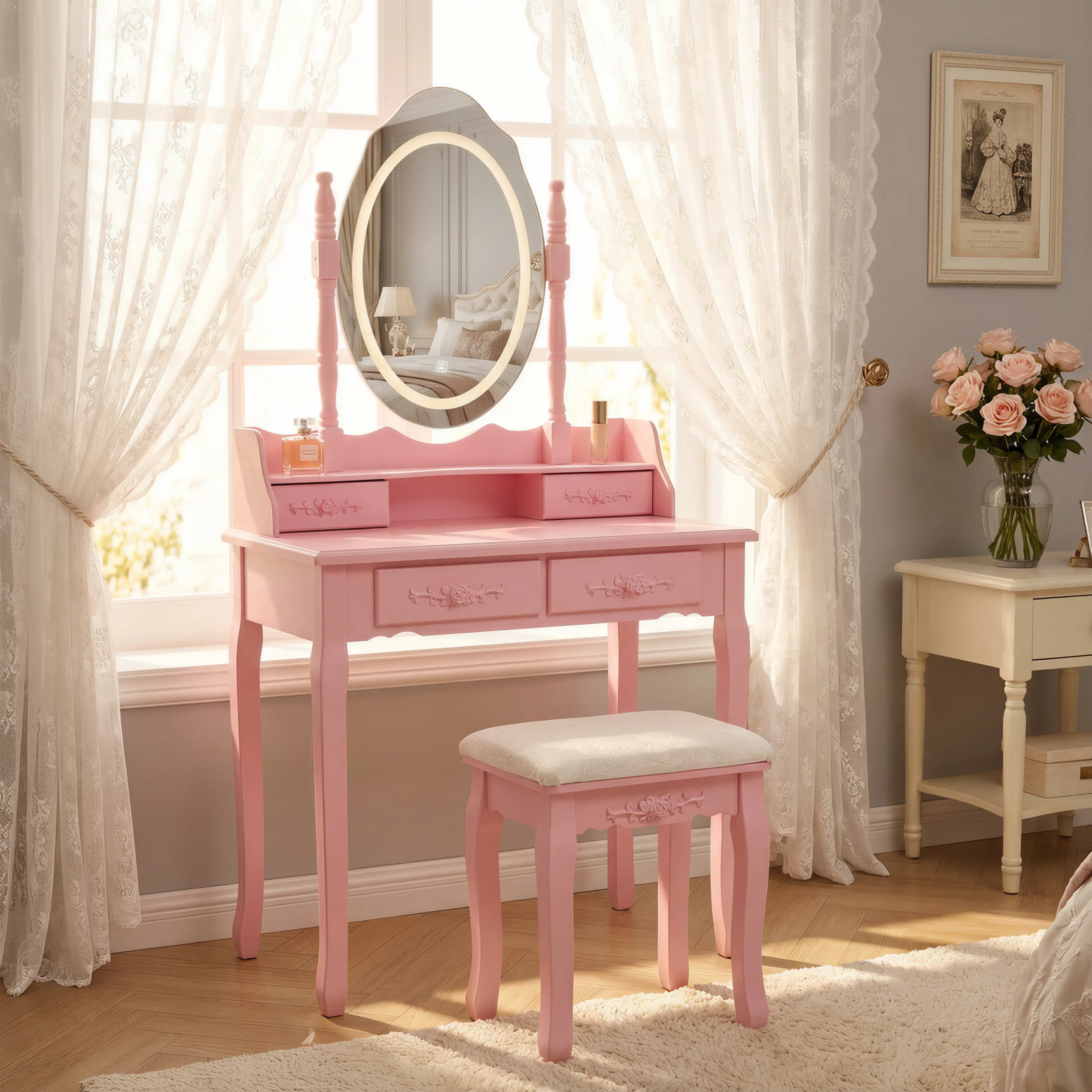 OPUL Modern Makeup Vanity Table - Pink Princess Vanity Desk Set with Mirror & Cushioned Stool, Light Modes, 4-Drawer Wooden Makeup Vanity Table for Girls' Bedroom, Women Dressing Table with Ample Storage