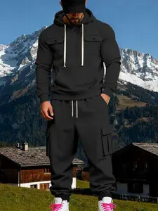 Men's Winter Fleece-Lined Sweatshirt Set, Hoodie Sweatsuit Set, Casual Outdoor Workwear, Long Sleeve Regular Fit, Sporty Style, Sweatsuit Outfits, Thick Fabric, Athletic Activewear Tracksuits