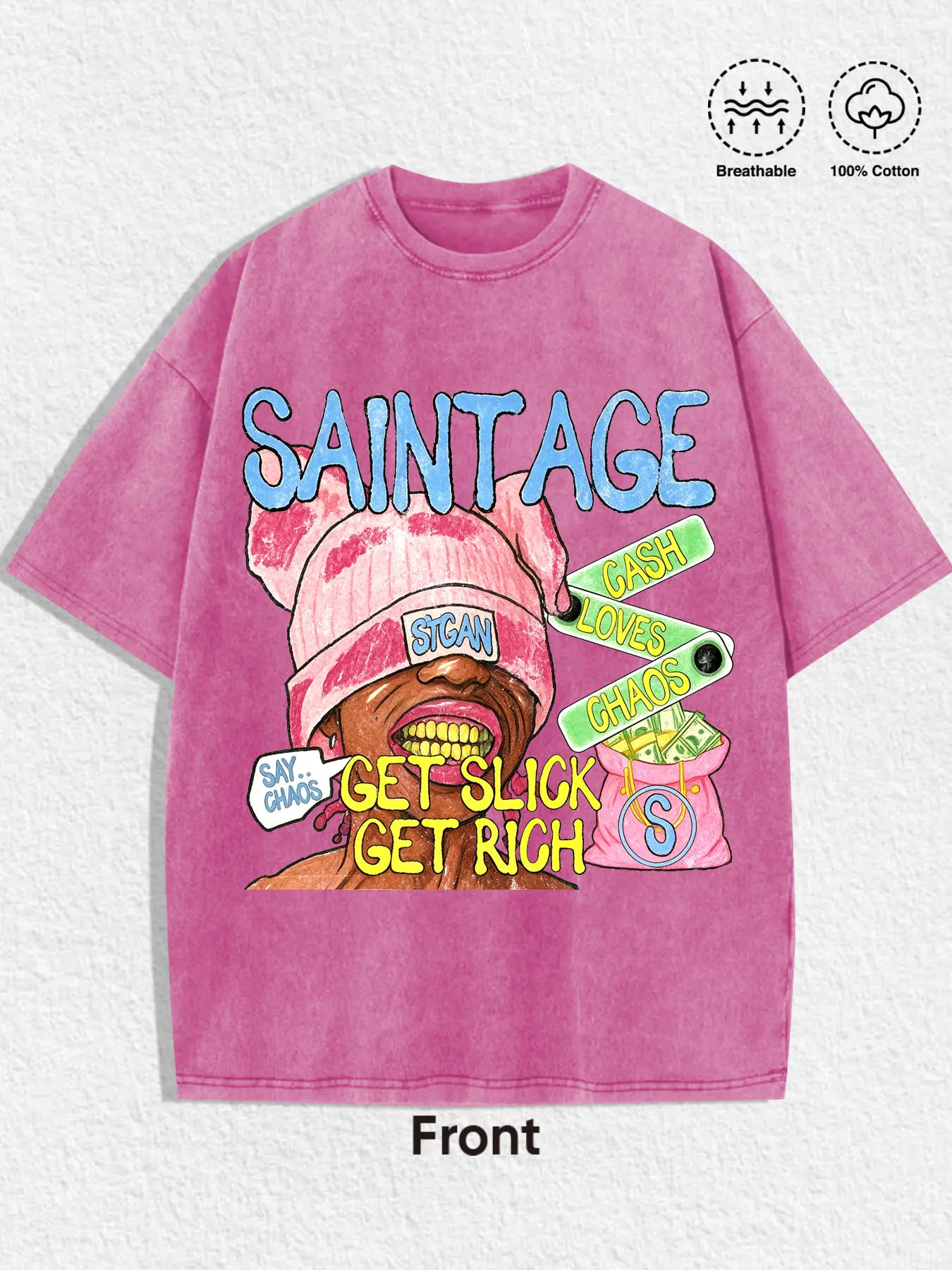 1 piece loose-fit pure cotton washed graphic T-shirt featuring a blend of SAINT, RICH, cold-cap rapper figures, and gold rhinestone tooth motifs; unisex and suitable for all seasons; Y2K summer wear for Halloween, street parties, hip-hop festivals, and be