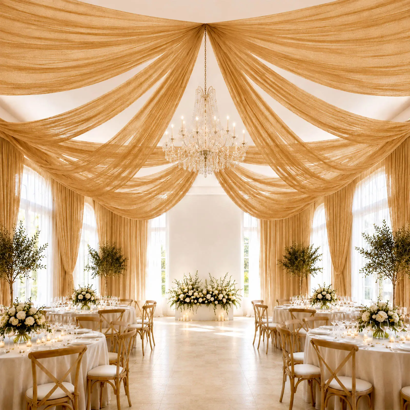 Gold Sheer Ceiling Drape – 10ft x 32ft Extra Long Drapery Panel for Wedding Canopy, Backdrop & Reception Décor