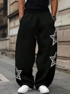 Men’s and women’s styles. Spring and summer collection. Streetwear-inspired casual, loose, straight-leg, thin pants with drawstrings at the waist and wide legs. Features star-print design. Perfect for streetwear, trendy street fashion, versatile for vario