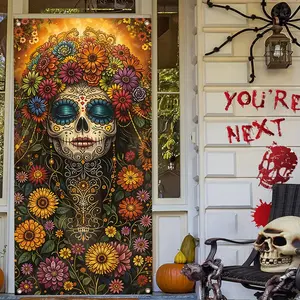 1pc Halloween party banner, Decorative banner, made of polyester, with a floral female skull background picture, suitable for indoor and outdoor decoration, Halloween party decoration, front door decoration