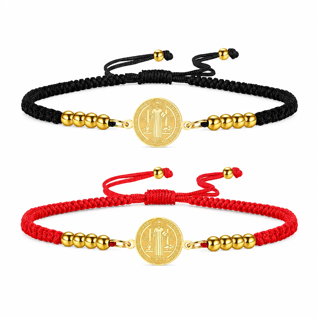 St. Benedict Bracelets with 925 Sterling Silver 18K Gold-Plated  Cross Charm and Black&Red Adjustable Cord, Bracelet Sets, Saint Benedict Medal, Catholic Religious Symbolism Jewelry Gift for Men and Women, Religious Wristband, Prayer Bracelet
