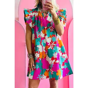 Multicolour Floral Tie Split Neck Flutter Sleeve Mini Dress