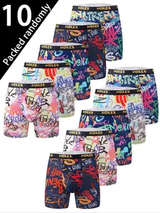 Men's Underwear Set, Random 10-Pack Casual Graffiti Print Stretchy Boxer Briefs, Comfortable High Elasticity Mid-Waist Thin Fabric