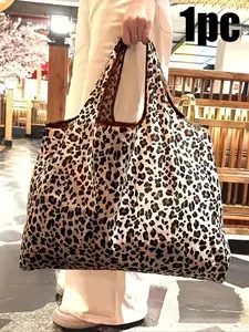 Fashion Leopard Print Handbag, Durable Polyester Large Capacity, Spacious Interior, Easy Fold Design, Ideal for Daily Use, Travel, Work, Fashionable Shopping Bag