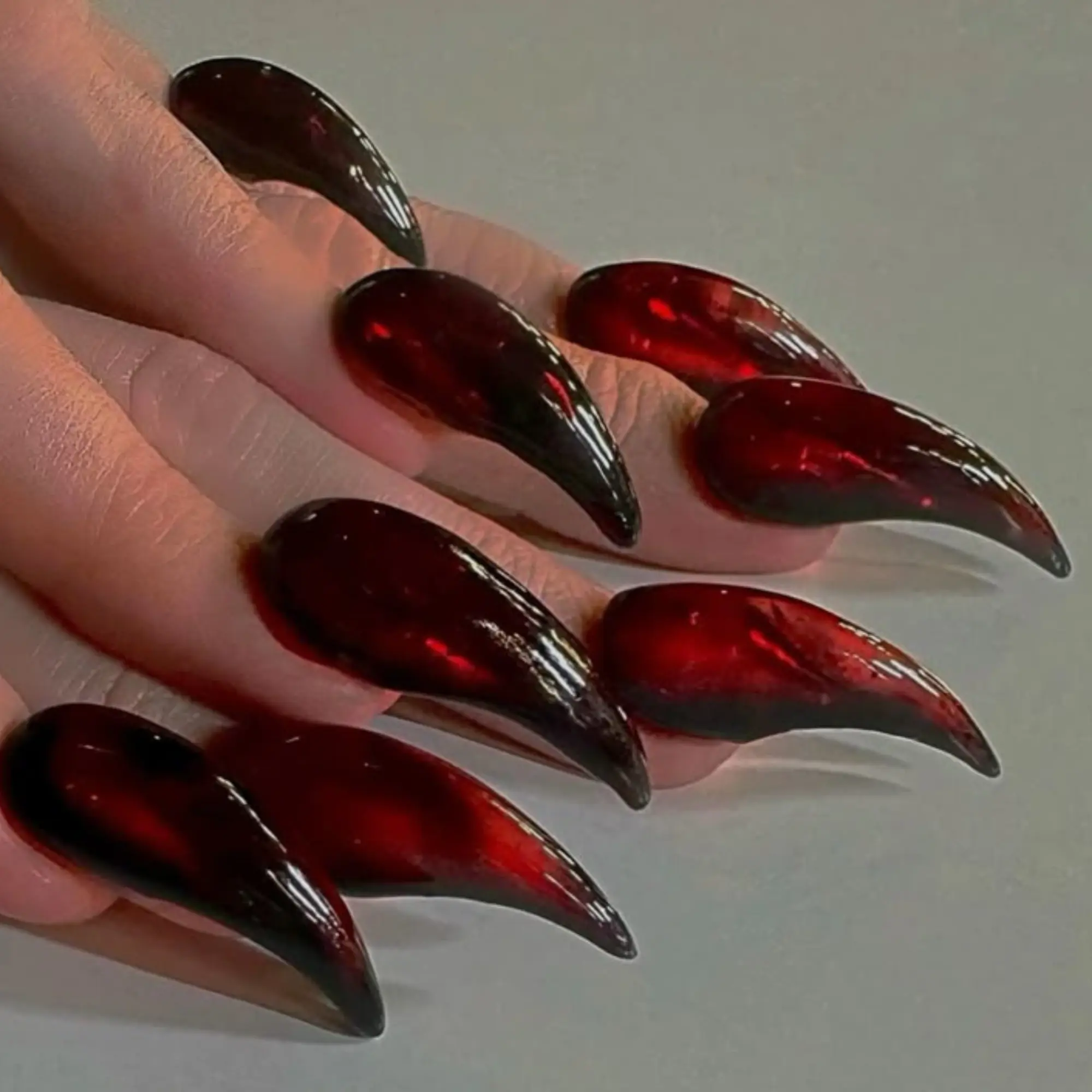Handmade Handcrafted Blood Red & Black Cat Claw Press On Nails | Glossy Curved Talon Nails | Reusable Gothic Fantasy Nail Set