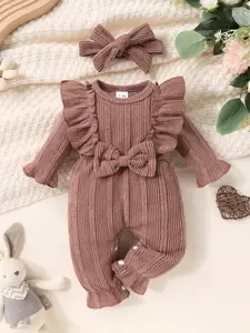 2-piece Set Of Baby Girl Soft, Comfortable, Breathable, Clean Color, Front Bow, Ruffle Details, Jumpsuit, Headband, Sweet And Cute