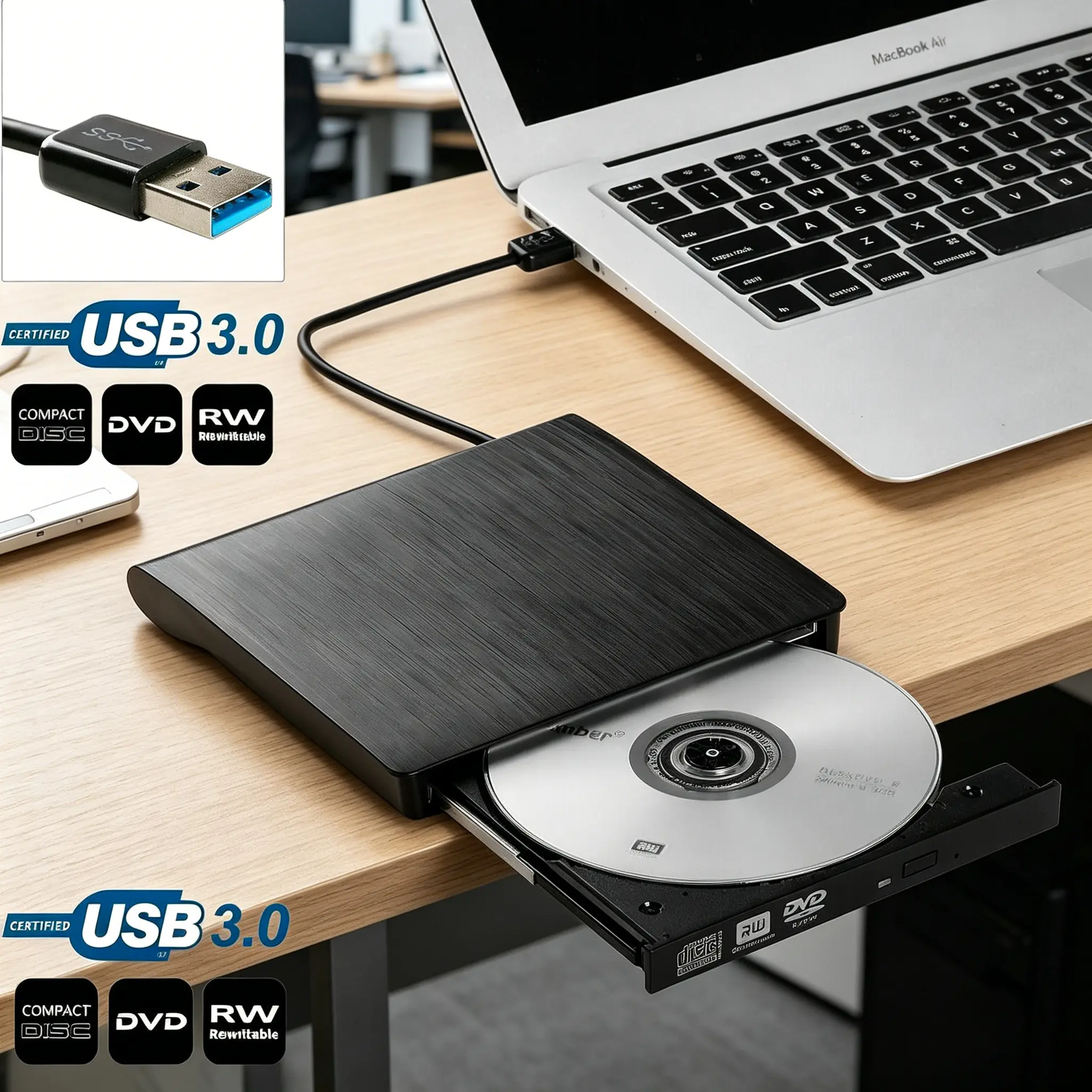 Slim External CD DVD RW Drive, USB 3.0 Burner and Player for Laptop, PC, and Mac, Compatible with Windows 11, Plug-and-Play Design for Easy Use Compact Portable