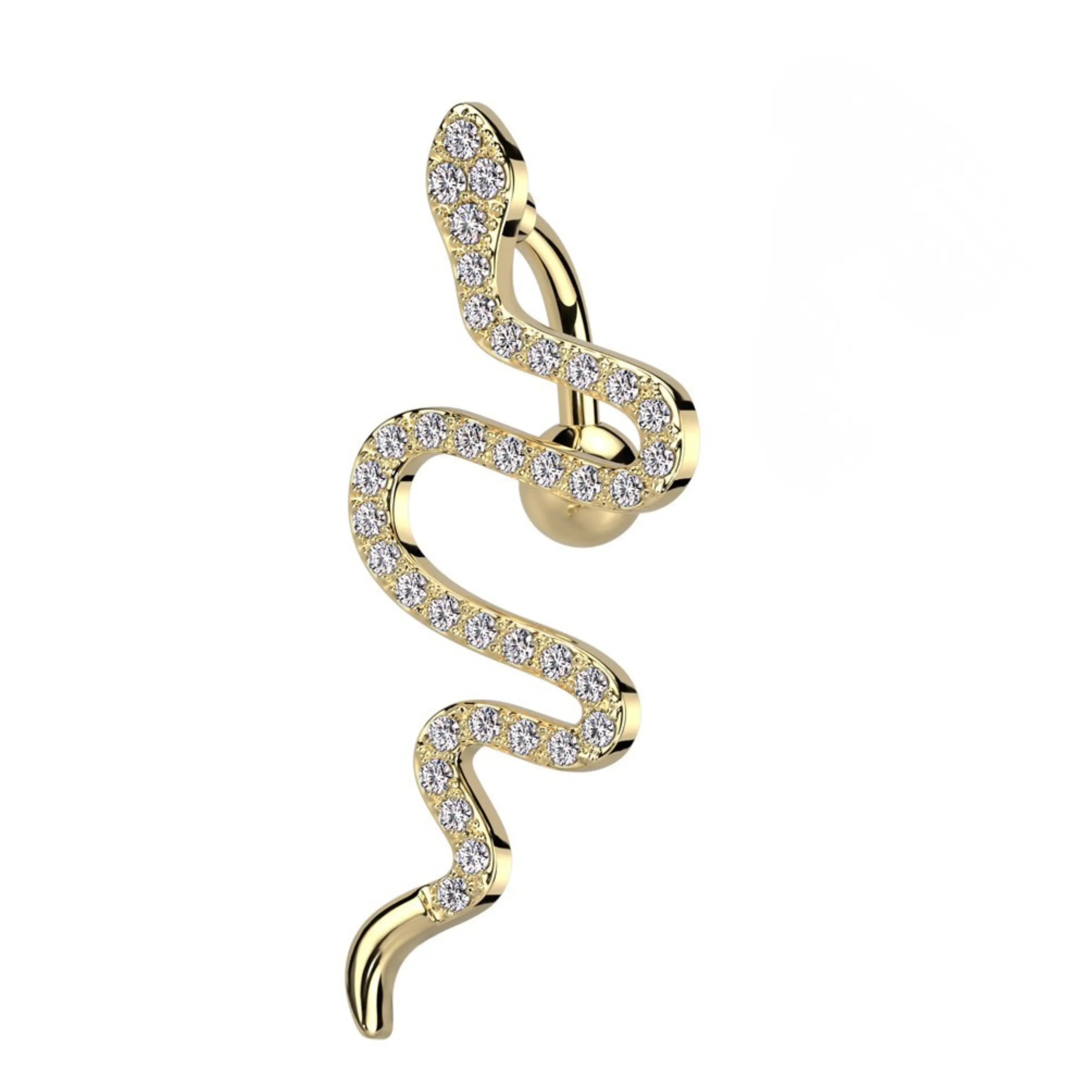 Serpent Diamond Belly Ring - Gold Finish Surgical Steel with Pave CZ Diamonds Hypoallergenic 14 Gauge 3/8" Bar Length