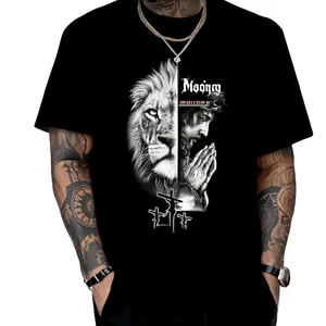 Moong Fashion Designer TShirts Graphic Tees with Religious Lion & Cross Print Unisex Casual All Seasons Crewneck Fitted Tee for Men Women Machine Washable Top Menswear