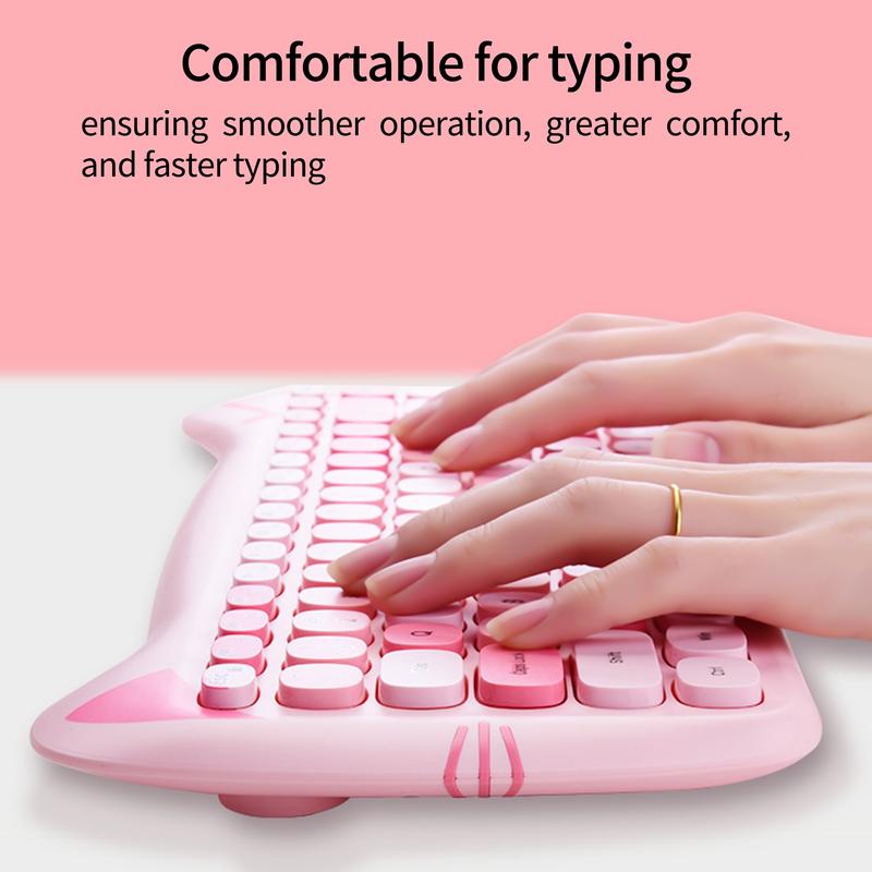 Mofii Pink Cat Keyboard and Mouse Combo, 2.4G Wireless Connection, Cute Aesthetic, Silent Office Use, Compact 2-Zone Keyboard, Universal for Desktops & Laptops, US QWERTY Layout (Batteries Not Included)