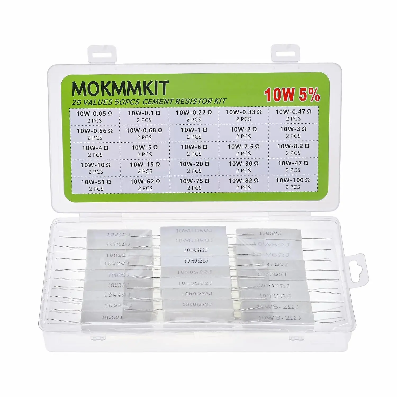 25 Values 10W Ceramic Cement Resistor Kit 0.05 Ohm - 100 Ohm | 50 Pieces,10 Watt Resistance,±5% Power Resistors