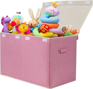 Large Toy Box Chest Storage with Flip-Top Lid, Collapsible Kids Toy Storage Bin Box for Boys, Girls, Nursery, Playroom, 25"x13" x 16" (Linen Pink)