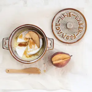 Cream Stoneware Brie Baker with Bamboo Spreader - 7-in