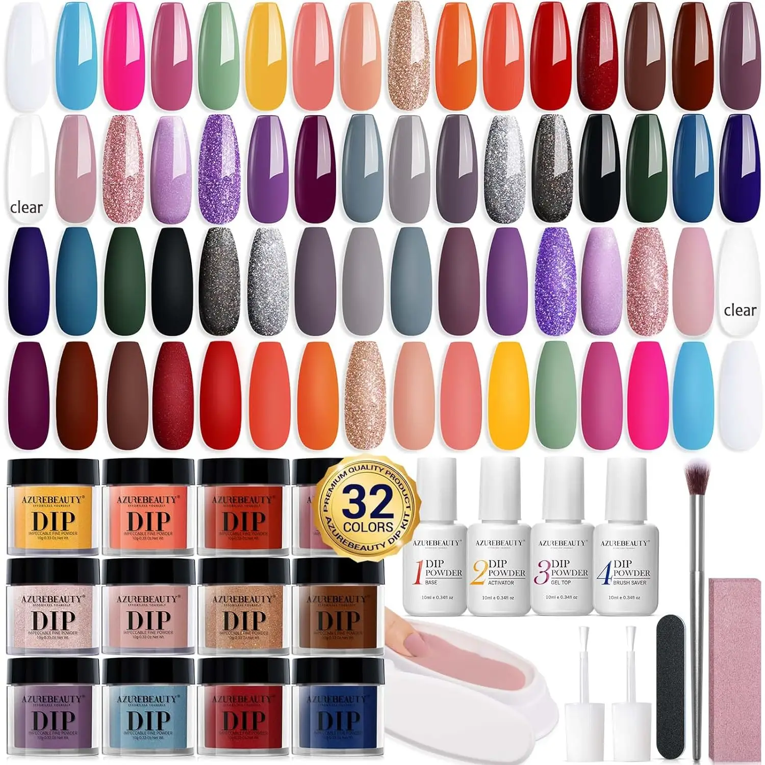 AZUREBEAUTY 32 Colors + 10 Tools Dip Powder Nail Starter Kit, No UV Lamp All Season All-in-One Set, DIY Manicure at Home, Springtok Nail Care Nail Pro