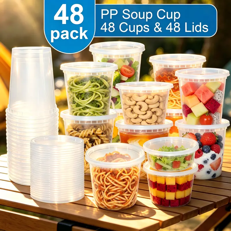 48-Set Pack Transparent Disposable Plastic Soup Cups with Lids, Multi-Size 8/16/24/32 oz, Heat-Resistant, Sealed Leak-Proof, Microwaveable, Reusable, Portable Takeout Packaging for Outdoor Picnic, Family Gatherings