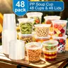 48-Set Pack Transparent Disposable Plastic Soup Cups with Lids, Multi-Size 8/16/24/32 oz, Heat-Resistant, Sealed Leak-Proof, Microwaveable, Reusable, Portable Takeout Packaging for Outdoor Picnic, Family Gatherings