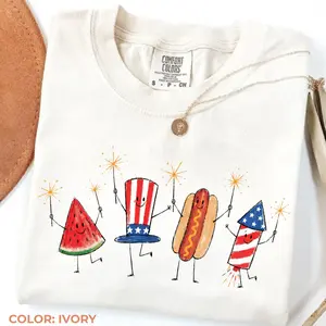 Comfort Colors 4th of July Patriotic Doodle T-Shirt, Cute Watermelon Hot Dog Uncle Sam Firework Graphic Tee, Funny Summer Americana Shirt