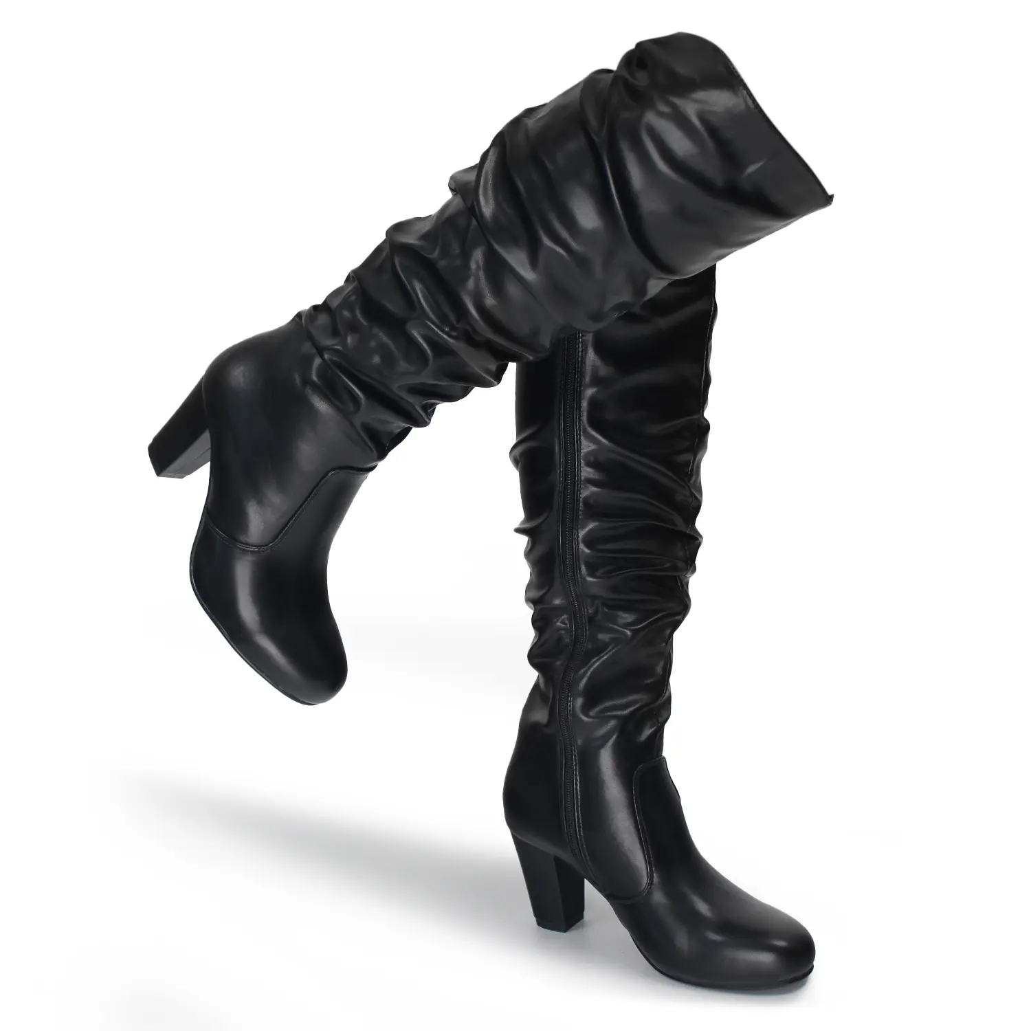Hawkwell Women's Black & White Chunky High-Heel Side-Zip Knee-High Boots - Cold Weather Footwear for Parties, Stylish Women's Boot