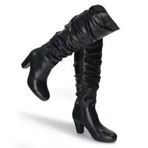Hawkwell Women's Black White Fall Winter Chunky High-heel Side Zip Knee High Boots