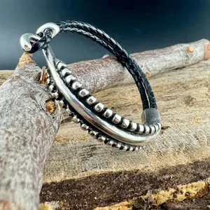 Rustic Braided Leather Wrap Bracelet with Silver Half Cuff – Brown, Black & White Options