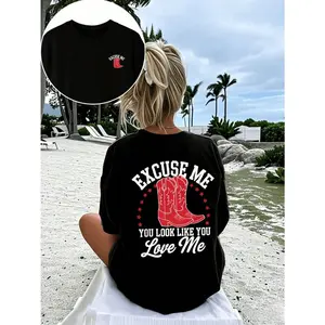 Excuse Me You Look Like You Love Me Cowboy Boots Graphic Tee Womens Oversized Crewneck Short Sleeve Soft Cotton Casual Streetwear Concert Outfit