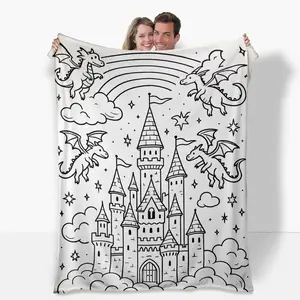 Color-Fillable Flannel Throw Blanket - Markers Not Included, Castle & Flying Dragon Design, Cozy Soft Fluffy Decorative Giftable Craft for Parent-Child Collaboration, Interactive Textile Bedding Accessory, Cozy Throw Blanket, Decorative Giftable Blankets