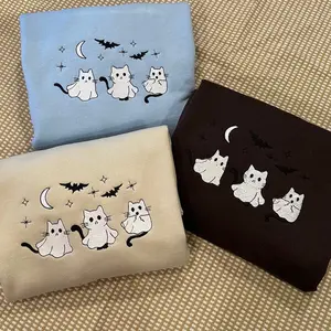 3 Ghost Cats embroidered Sweatshirt, Halloween sweatshirt, spooky season sweatshirt, spooky szn, Halloween sweatshirt embroidered