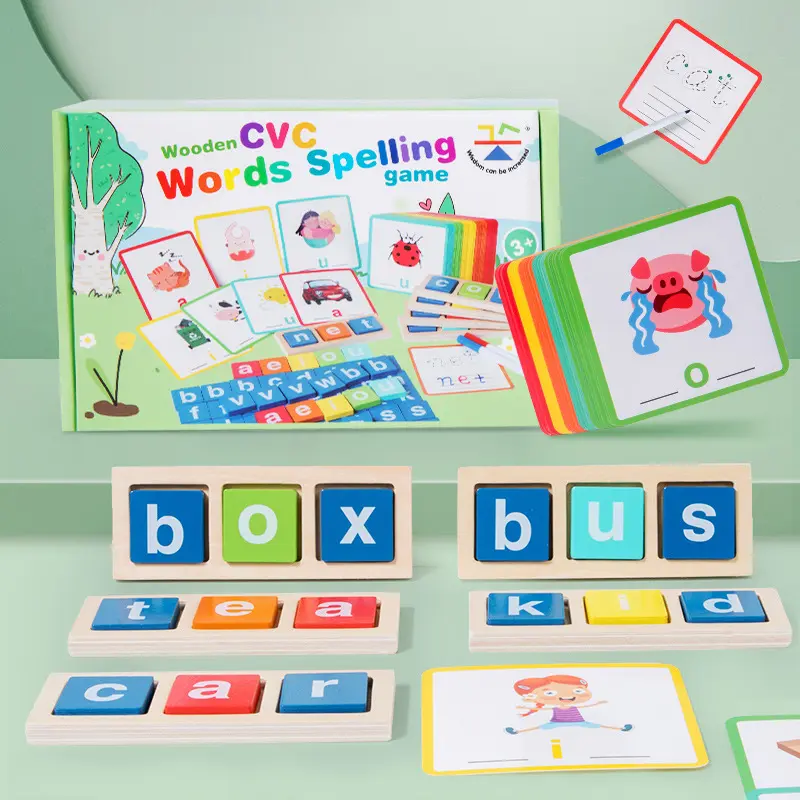 Wooden CVC Word Spelling Interactive Learning Game, Montessori Educational Study Toys with Double-Sided Phonics & Letter Cube Flash Cards, Gift Ideas for Kids 3-6 Years Old Preschool Kindergarten Activities, Double-Sided Phonics Flash Cards, 5 Wooden Spel