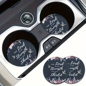2pcs Inspirational Hummingbird Floral Car Cup Holder Coasters | Absorbent, Detachable, Non-Slip Drink Coasters with "The Lord is My Strength & Shield" Quote, Pink Flowers on Dark Background for Car Interior Protection, Car Accessories