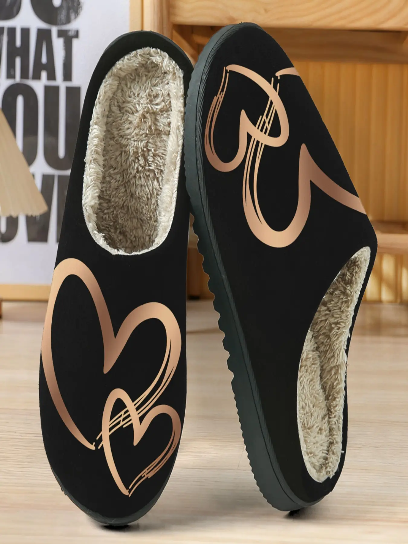 Luxurious Romantic Cotton Slippers, Rose Gold Heart Pattern, Base, Eva Sole, Textile Upper, Soft Plush Lining, Casual Home Wear
